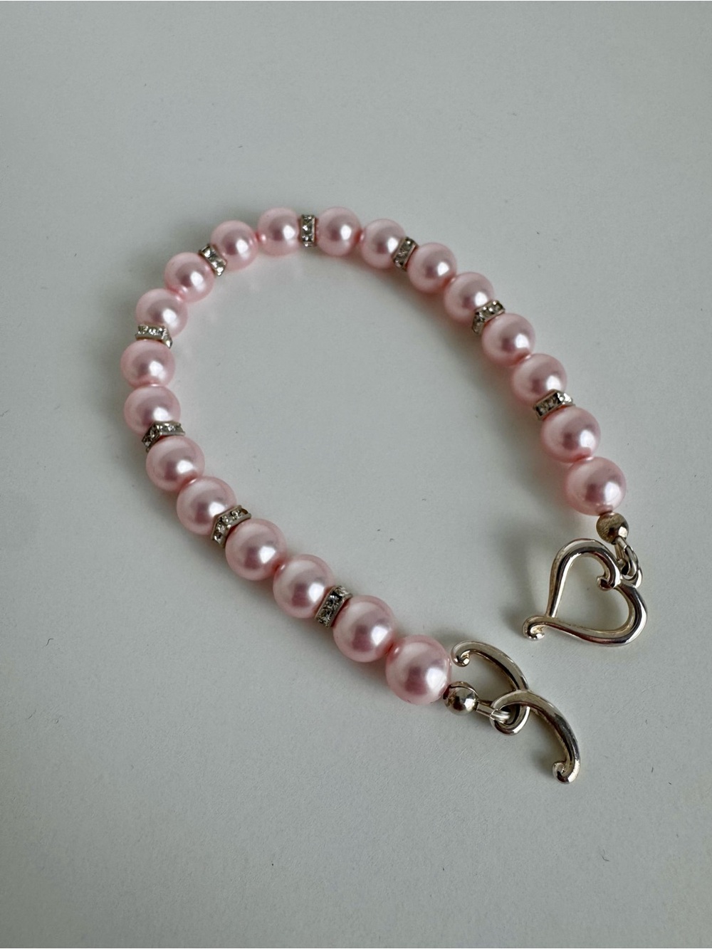 Pink Faux Pearl Rhinestone Spacer Heart Clasp Bracelet Silver Tone